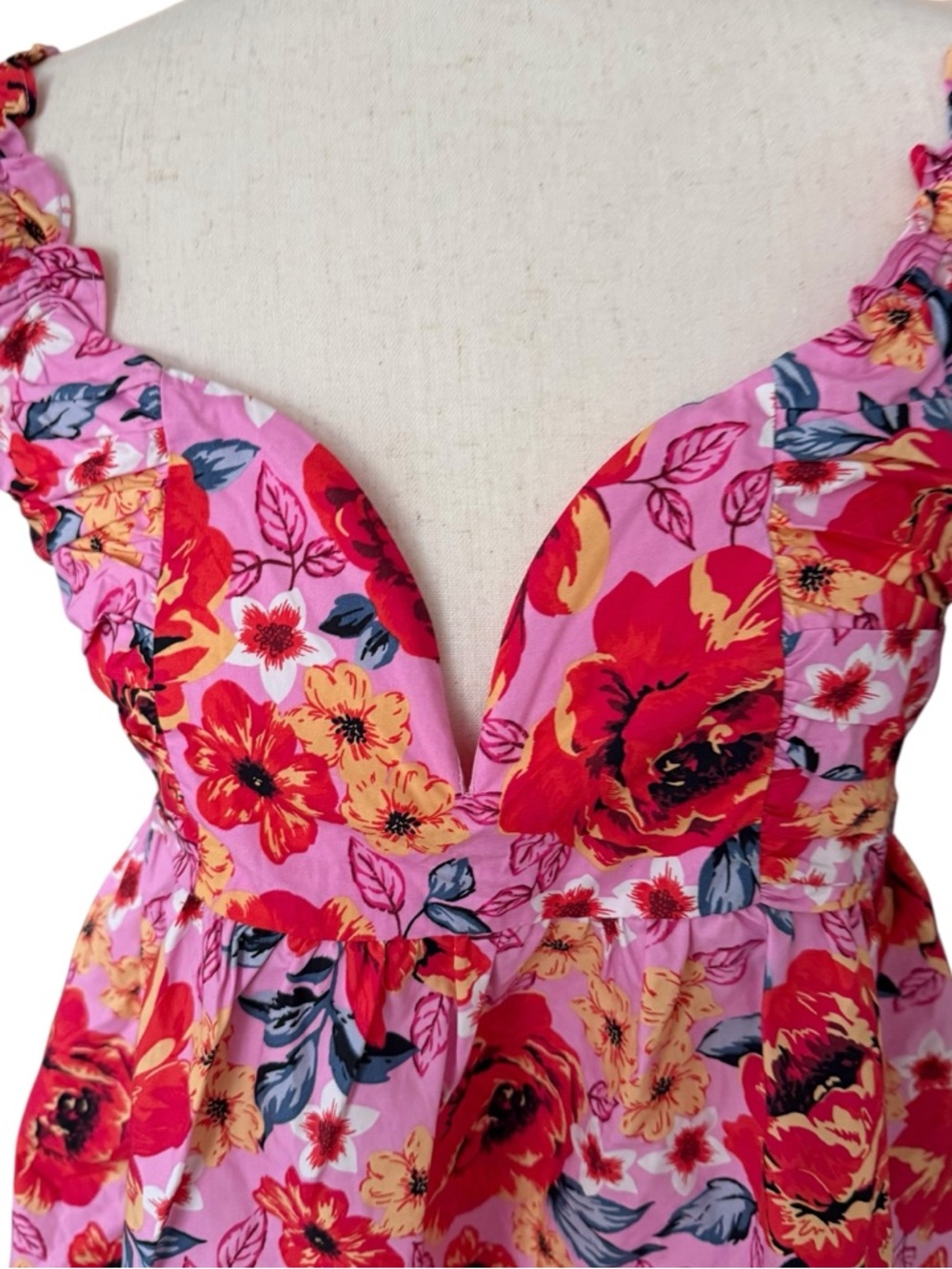 Buddy Love Pink Floral Plunge Chemise with Red & Yellow Blooms New w Tags